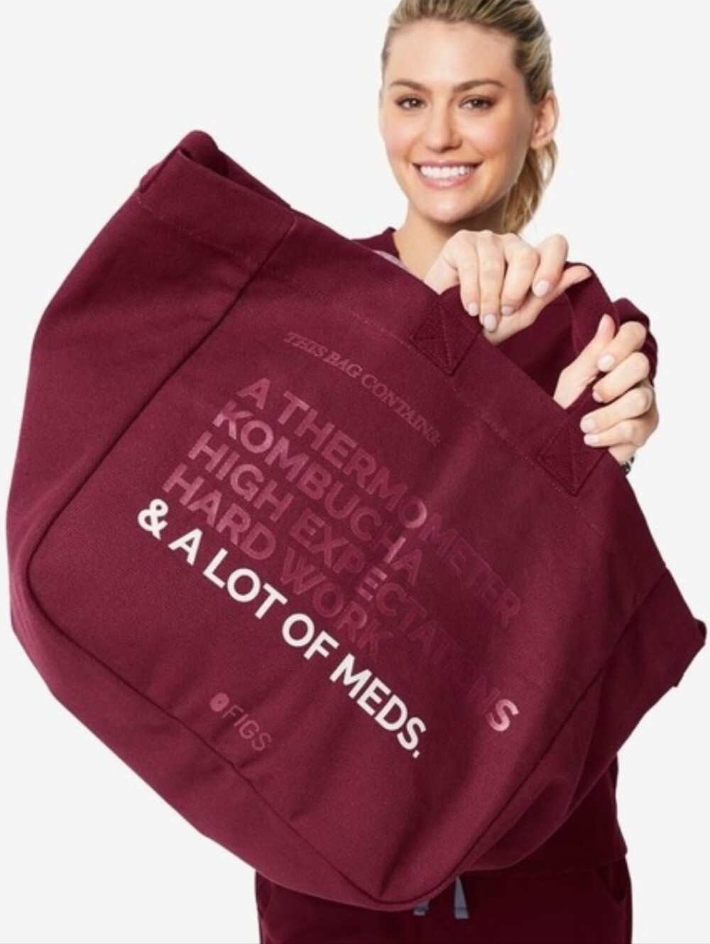 Figs Burgundy Canvas Tote with Handles and Long Strap